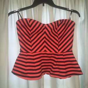 Orange and Navy Blue Striped Peplum Strapless Top